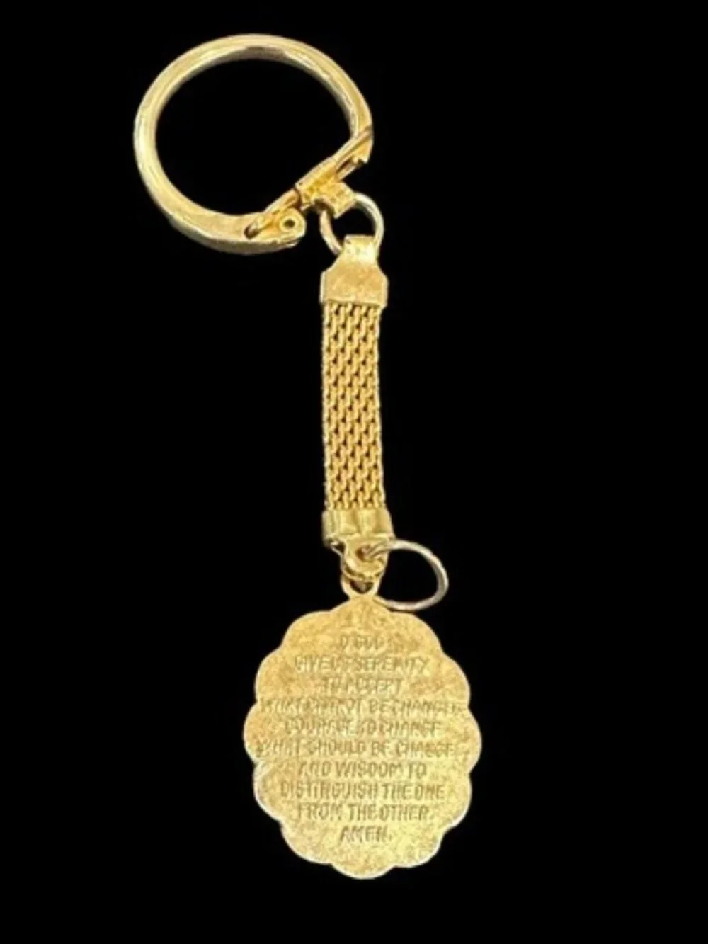 Vintage Gold Tone Serenity Prayer Keychain With Praying Hands Medallion Keyring
